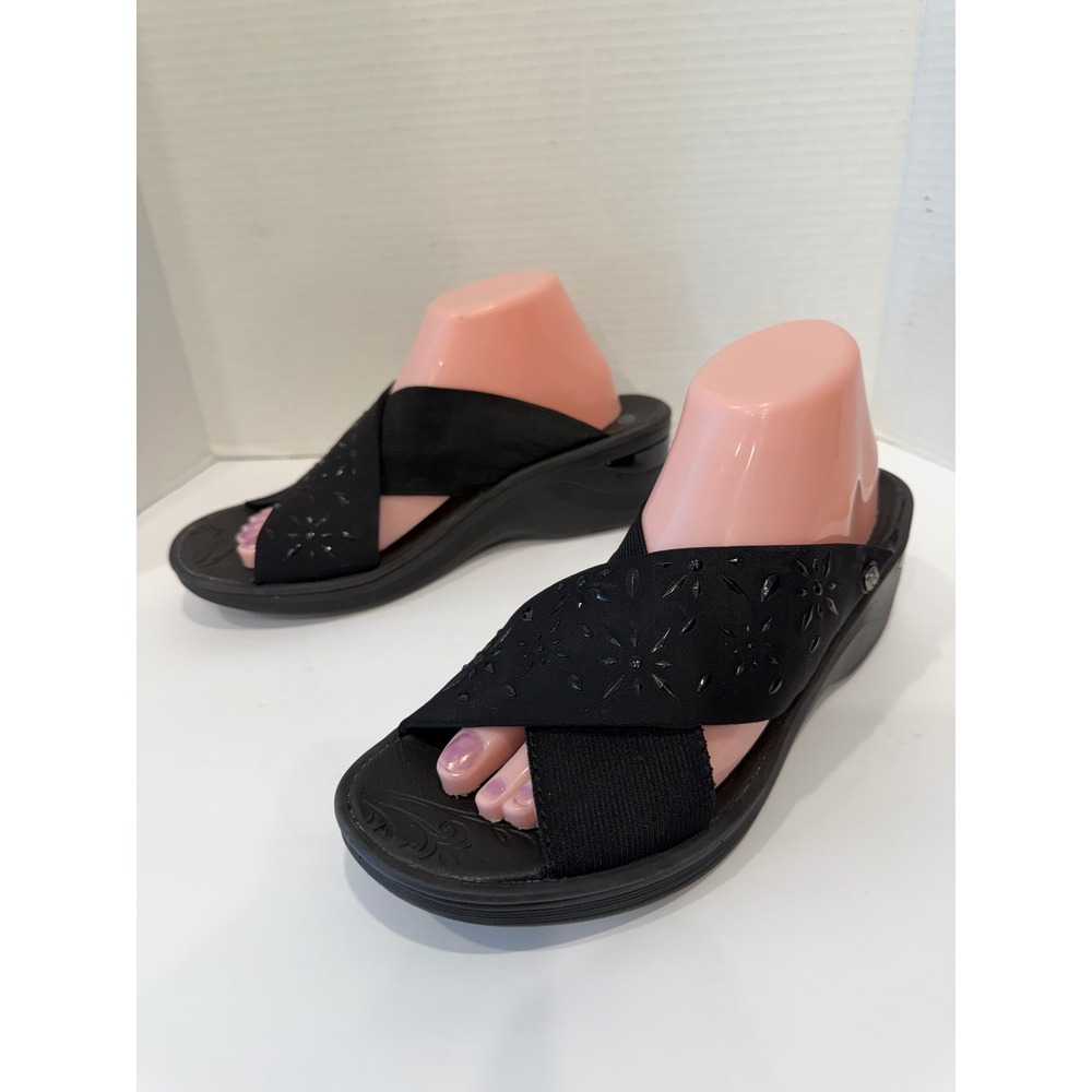 Bzees Desire Slide Black Stretch Criss Cross Comfort Wedge Sandals Sz 11M